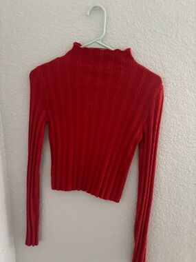 BDG Red Ribbed Long Sleeve Mock Neck Top